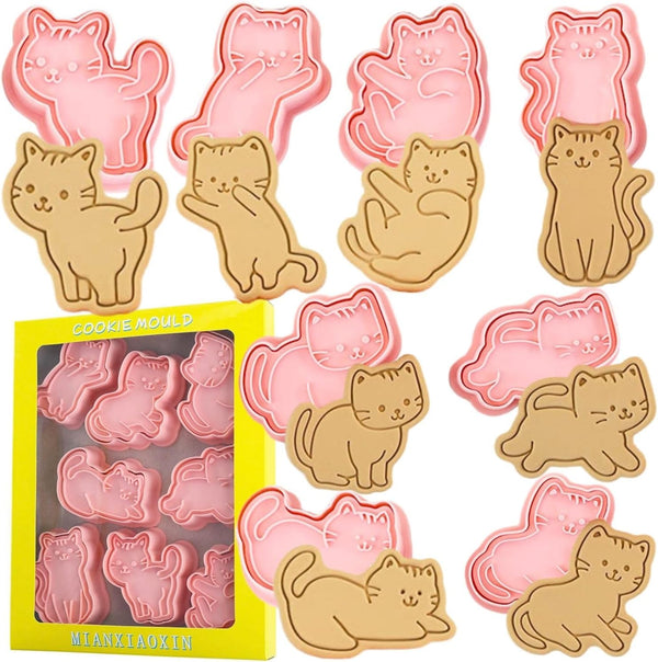 Crethinkaty Cat Cookie Cutters Set, 8 Plastic Cookie Cutter Stamps for Fun Cat Treats