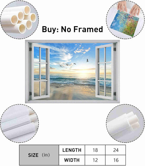 Beach Wall Decor Window View Posters Ocean Seagull Wall Art Nature Landscape Picture Posters Print on Canvas Painting Wall Art for Bedroom Bathroom Living Room Office UnFrame 16x24inch(40x60cm)