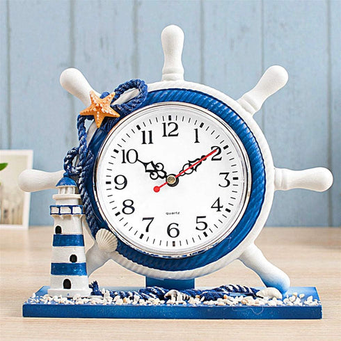 RTGGSEL Mediterranean Nautical Silent Desk Clock, Lighthouse Helm Wooden Clocks, Beach Theme Clock Decor Ornament