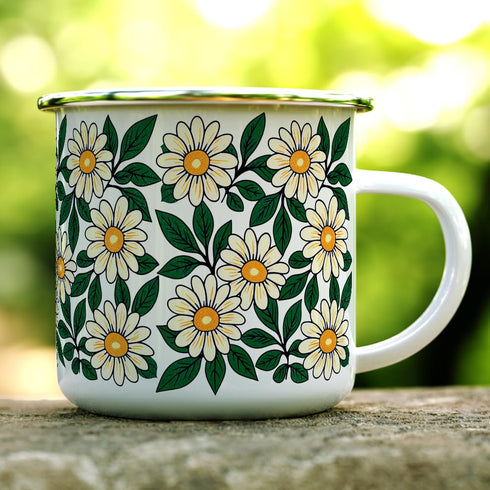 Floral Daisy Enamel Camping Coffee Mug, Nature Flowers Botanical Gift Cup for Friend Coworker Women Mom Daughter (12oz)
