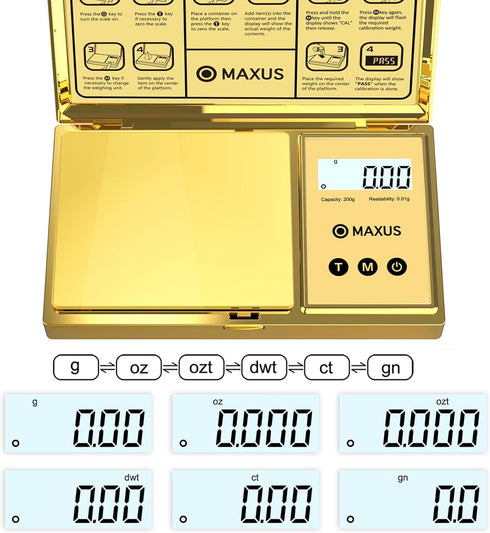 MAXUS Digital Gram Scale, 200g x 0.01g Capacity with Stylish Gold Plated Cover for Jewelry and Food Weighing