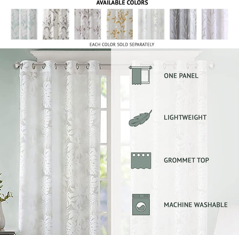 Madison Park Semi Sheer Single Curtain - Modern Botanical Print, Grommet Top, 50x95", Bird White