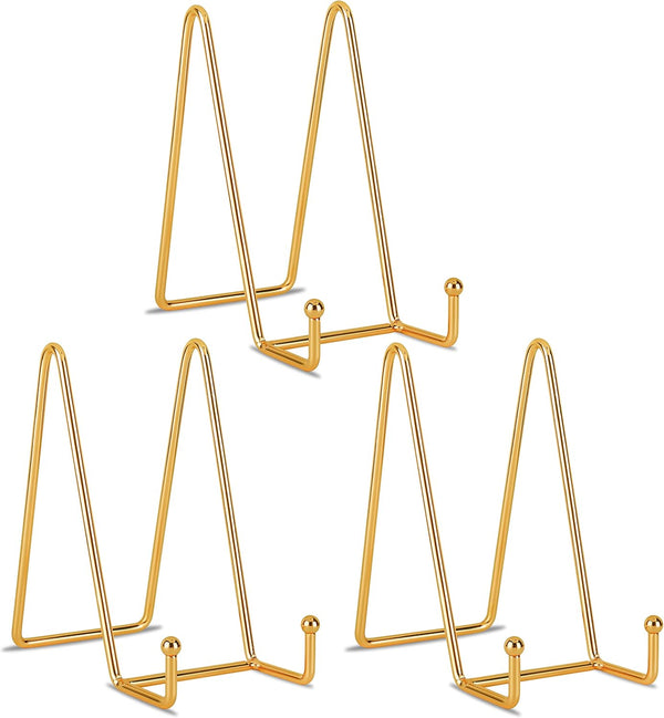 Decolore 6 Inch 3 Pack Gold Metal Display Stands for Plates, Pictures, Decorative Plates, and Artistic Work