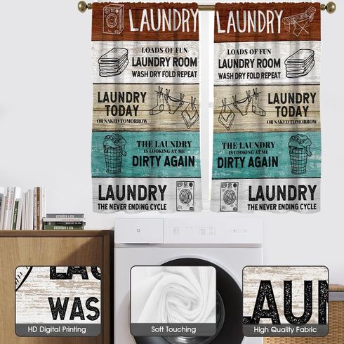 Laundry Kitchen Window Curtain Rustic Wash Dry Quotes Words Wooden Teal Brown Funny Fun Small Short 27.5" W x 45" L Curtains Set for Bedroom Living Room Bathroom 2 Panels Rod Pocket Drapes