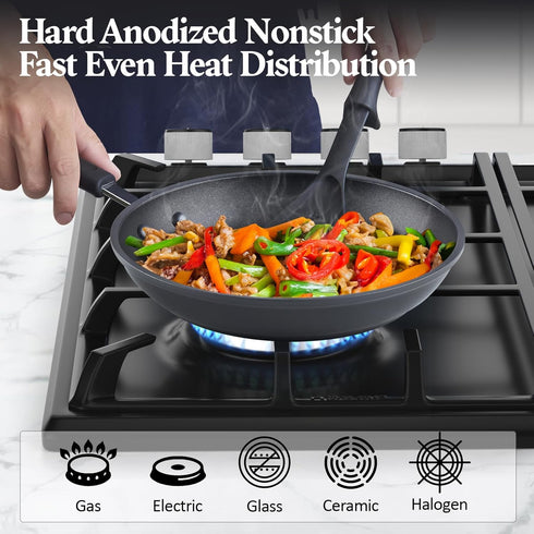 Cook N Home Nonstick Sauté Fry Pan Professional Hard Anodized 2 Piece Skillets Cookware Sets (8 and 9.5 inch) Black