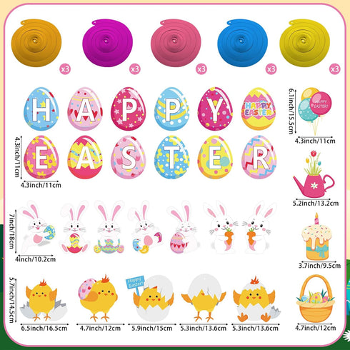 Easter Hanging Swirls Decorations for Home Office School, Happy Easter Banner with Egg Bunny Foil Swirl Ceiling Decor
