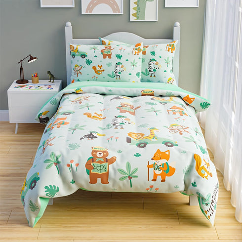 Set 98x86in 4 Set 1 2 1 SANDJEST Jungle Animal Comforter Full Size for Kids Boys, Microfiber Pcs Bedding Includes