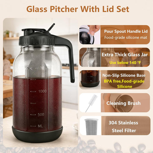 QHH 64oz Cold Brew Coffee Maker, Mason Jar Pitcher with Stainless Steel Filter, Sealed, Leak-Proof Lid with Pour Spout