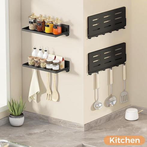 6 Black11.8", 1 Pack Small Folding Metal Shelf with Hooks, Fold-up Wall Shelf, Hooks, Drop Down Floating Shelf