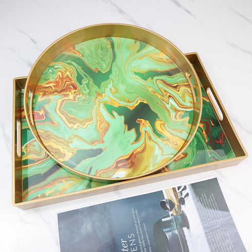 13" Round Green Marbling Decorative Tray with Handles, Morden Plastic Serving Tray for Coffee Table Bathroom, Ottoman