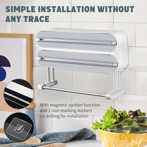 AUSTUFF 3 1 in Plastic Wrap Dispenser with CutterMagnetic Aluminum Foil and Adhesive Film Organizer, Wall Mount Kitchen