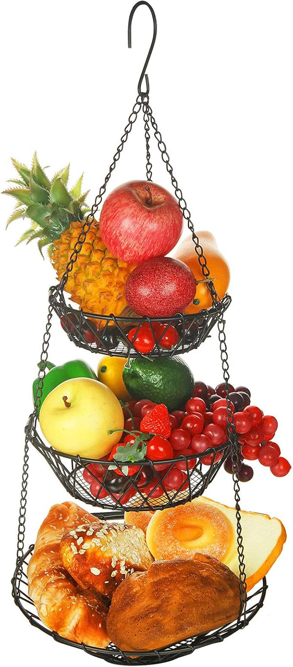 3 Tier Hanging Basket with Sturdy Metal Chain Hooks, Heavy Duty Wire Organizer for Kitchen Storage