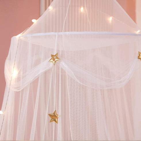 Bed Canopy with Lights for Girls,Gold Star Princess Crib Canopy Curtains,Extra Large Dome Mosquito Net Reading Nook