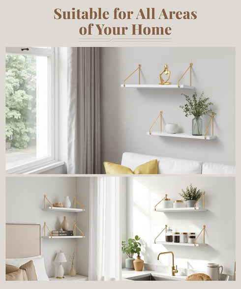 Set 2 Afuly Floating Shelves for Wall, Metallic Gold White Wall Mounted Shelves, Shelves for Bathroom Kitchen Bedroom