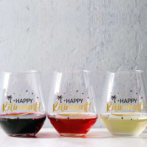 Patelai Happy Retirement Wine Glasses 17 oz, Stemless Wine Glasses for Women Men, Black and Gold Retirement Gift