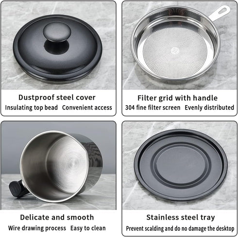Berglander Black Bacon Grease Container with Strainer, 47oz/1.4L Stainless Steel Oil Storage with Fine Mesh Strainer