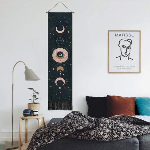 Lyacmy Moon Phase Wall Hanging Art, Bohemian Tapestry for Room (Black, 12.8 x 51.2 inches)