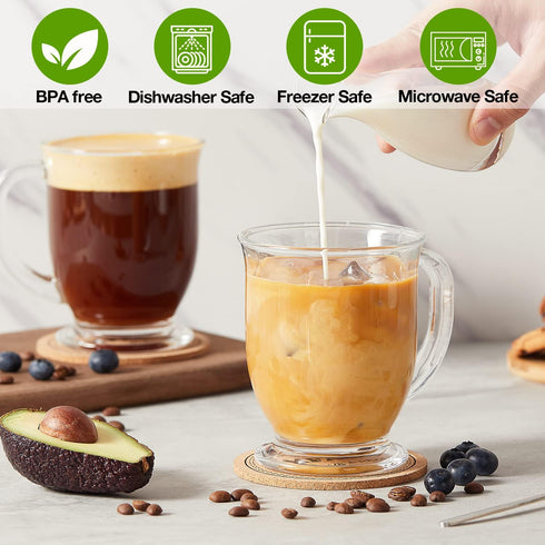 Set 4, 15 Oz Mfacoy Glass Coffee Mugs of Clear Large Coffee Mug With Handles for Hot Beverages, Clear Mugs for Tea