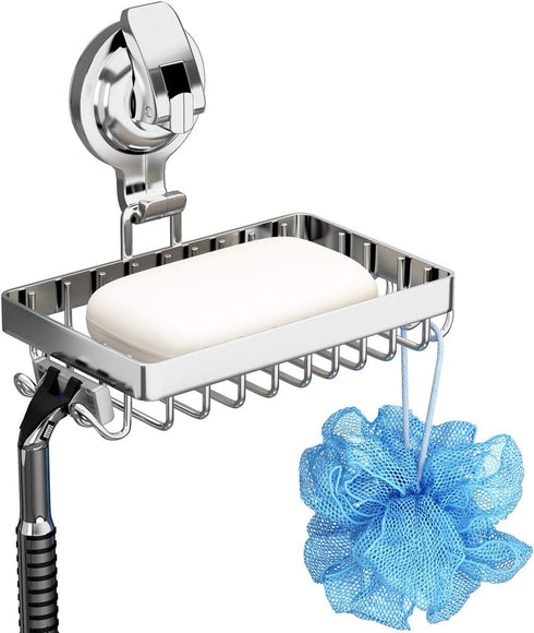 Suction Cup Soap Holder Shower, 304 Stainless Steel Soap Dish with 4 Hooks, Silver