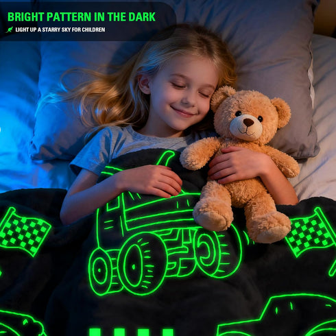 LMKLOP 3-12 40"x 60" Glow in The Dark Monster Truck Blanket for Boys/Girls/Kids/Toddler/Baby, Cute Funny Car Blanket