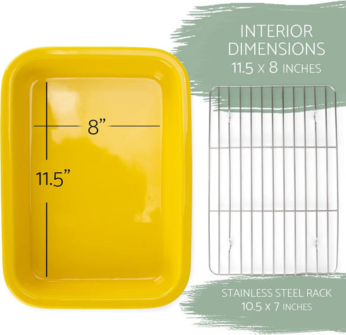 Elanze Designs Large 13 Inch Stoneware Baking Dish with Stainless Steel Rack, Yellow