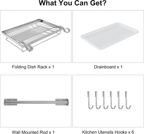 TQVAI Over Sink Dish Drainer Drying Rack, Stainless Steel Foldable Wall Mounted Dish Racks with Drainboard Hanging Rod