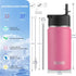 koodee 12 oz Water Bottle with Straw, Stainless Steel Double Wall Vacuum Insulated Flask for Girls and Boys (Pink Red)
