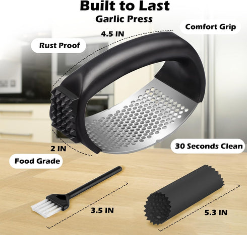 SetStainless Garlic Press Rocker Steel Garlic Mincer Tool with Garlic Peeler and Cleaning Brush Kitchen Gadgets