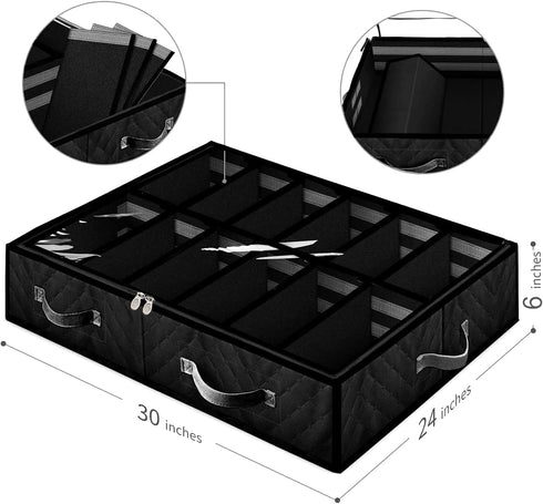 Under Bed Shoe Storage Organizer, Set of 2, Adjustable Dividers, Sturdy Zipper, Clear Window, Black
