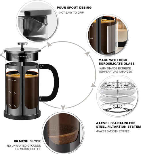 French Press Coffee Maker (34oz, 1 Quart, 5-6 Cup) with 4 Filters, Heat Resistant Borosilicate Glass, Cold Brew Gifts