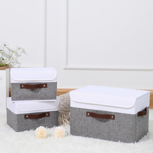 ANMINY Storage Boxes with Lids, Washable Decorative Bins with PU Leather Handle, Gray White, Small