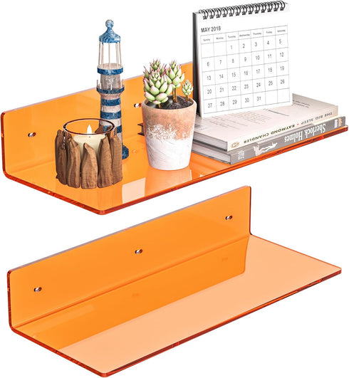 Sezanrpt 15 Inches Orange Acrylic Wall Shelves 2 Pack, L Shape Floating