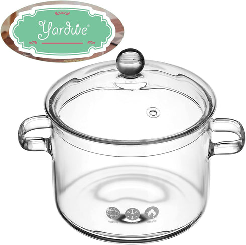 Yardwe Glass Pots with Cover, Heat-Resistant Cooking Pot for Pasta, Soup, Milk, 5.5x5.5x6.3 Inch (1350ml)