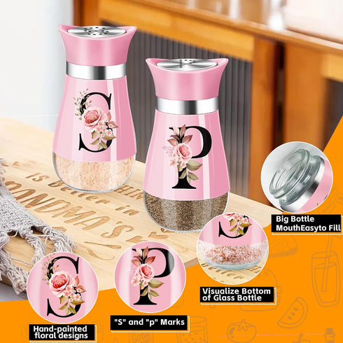 Salt and Pepper Shakers Set, 4 oz Pink Kitchen Accessories, Stainless Steel & Glass Spice Dispenser, Refillable Design