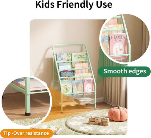 4-Tier (28.35" JAQ Green Kids Bookshelf, Metal Book Display Rack for Small Space, Child-Safe Forward Facing Toddler