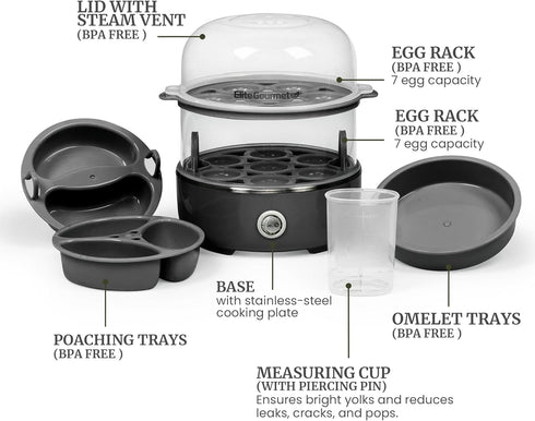 EGC1215B 14-Egg Elite Gourmet Easy Egg Cooker, Stainless-steel Heating Plate, Two-Tiered, Capacity, Soft, Medium