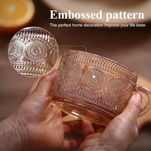 14 Oz Set 4 Amber Vintage Glass Coffee Mugs gifts for women, of Embossed Glassware Tea Cups for Breakfast, Cappuccino