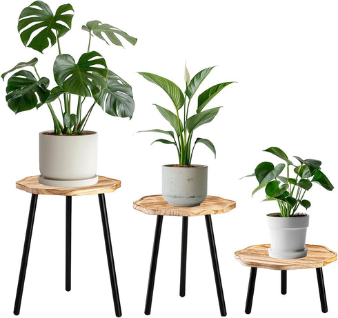 Frcctre 3 Pack Indoor Plant Stand, Wooden Mid Century Plant Stand Tall
