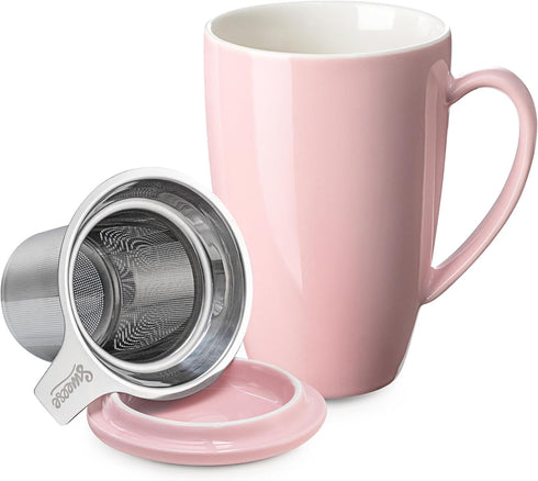 Sweese 15 OZ Porcelain Tea Mug with Infuser and Lid, Loose Leaf Tea Cup, Gifts for Tea Lovers, Pink