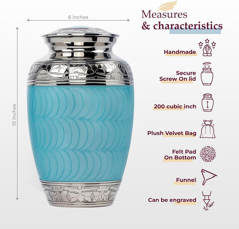 Trupoint Memorials Cremation Urns for Human Ashes - Decorative Burial Urn for Adult Men and Women, Large Light Blue