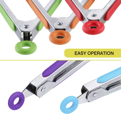 MSY BIGSUNNY Kitchen Food Tongs | 7" Mini Silicone Serving Tongs | Set of 6 in Purple, Red, Orange, Green, Yellow, Blue