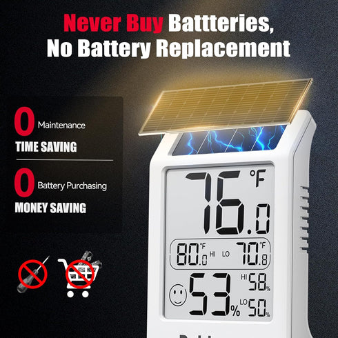3.2'' 1Pack BaldrTherm Room Thermometer Indoor Humidity Meter, Solar-Powered Digital Temperature Sensor Monitor
