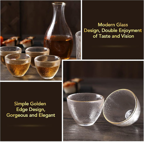 Set 4, Hammer 1 1 4 Set 6 DUJUST Japanese Sake for Glass Pattern in Golden Trim, Crystal Clear Sake Bottle, Sake Tank
