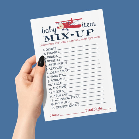Airplane Baby Shower Games for Boys, Word Scramble Activity, 25 Cards, Adventure Theme in Red and Blue