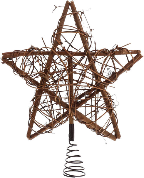 Rustic Christmas Tree Topper, Rattan Natural Star Hollowed-Out Star Ornaments with Coil Base for Holiday Decor