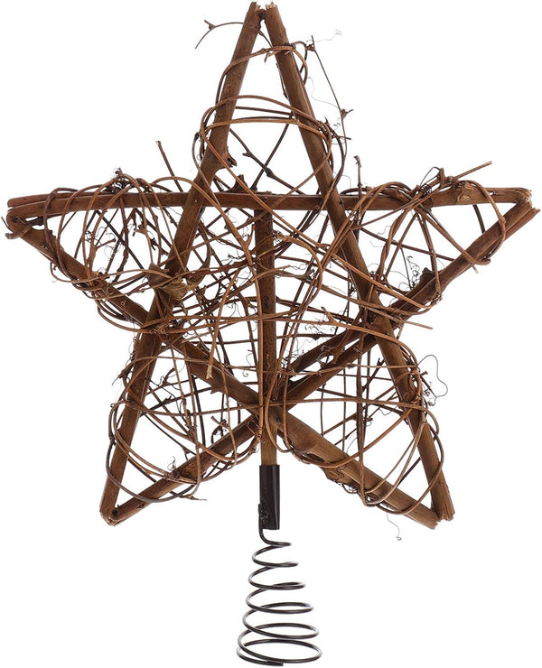 Rustic Christmas Tree Topper, Rattan Natural Star Hollowed-Out Star Ornaments with Coil Base for Holiday Decor