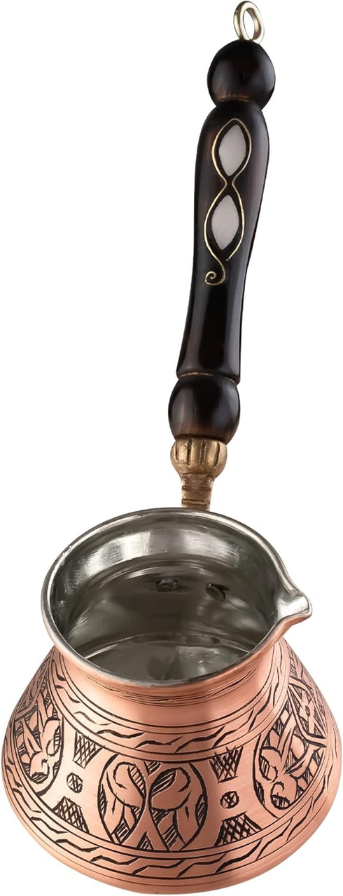 BCS 12 Oz Copper Turkish Greek Arabic Coffee Pot with Wooden Handle, Cezve Ibrik Briki Stovetop Maker (4 servings)