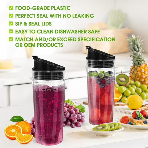 Blender Replacement Parts for Ninja, 3 Pack 16oz Cups with To-Go Lids for Nutri Ninja Compact Personal Blender
