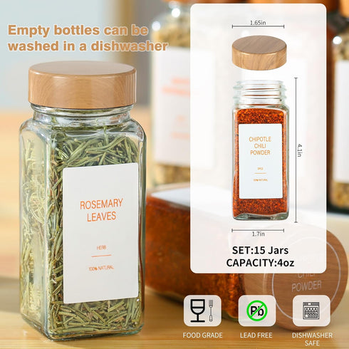 TESUNMU Label4oz (36) Spice Jars with Seasoning Containers, Glass Spice Bottles with Shaker Lids,Funnel, Chalk Pen