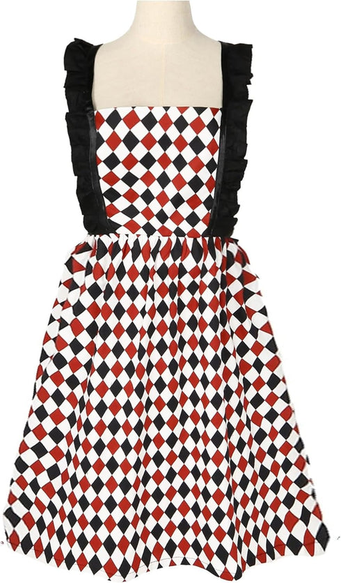 Violet Mist Cotton Linen Apron, Women Cross Back Apron with Pockets, Vintage Black and Red Argyle Pinafore Dress